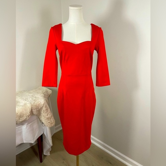 Boden Rebecca Red 3/4 Sleeve Sweetheart Neck MIDI Dress - Picture 1 of 16